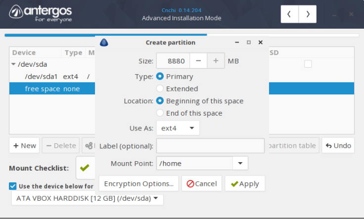 Advanced installation mode: custom partitioning